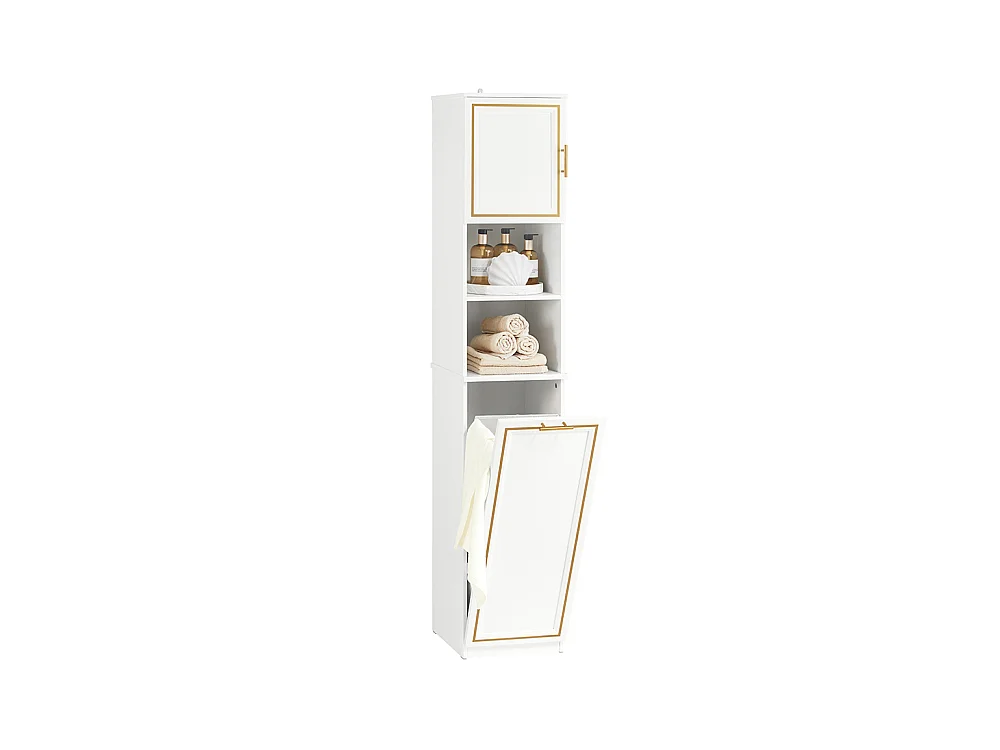 SoBuy BZR87-W Meuble Colonne de Salle de Bain Armoire Haute Étagère étroite avec 2 Portes, 2 Compartiments et 1 Panier à Linge
