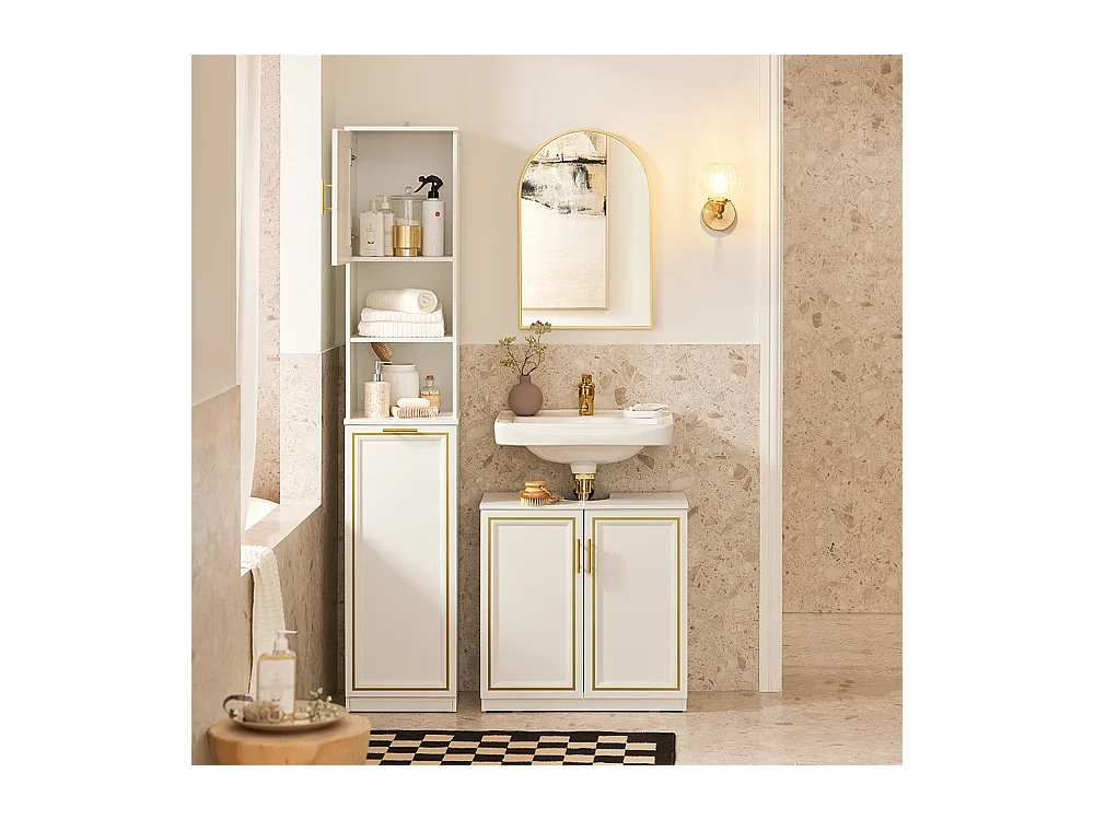SoBuy BZR87-W Meuble Colonne de Salle de Bain Armoire Haute Étagère étroite avec 2 Portes, 2 Compartiments et 1 Panier à Linge