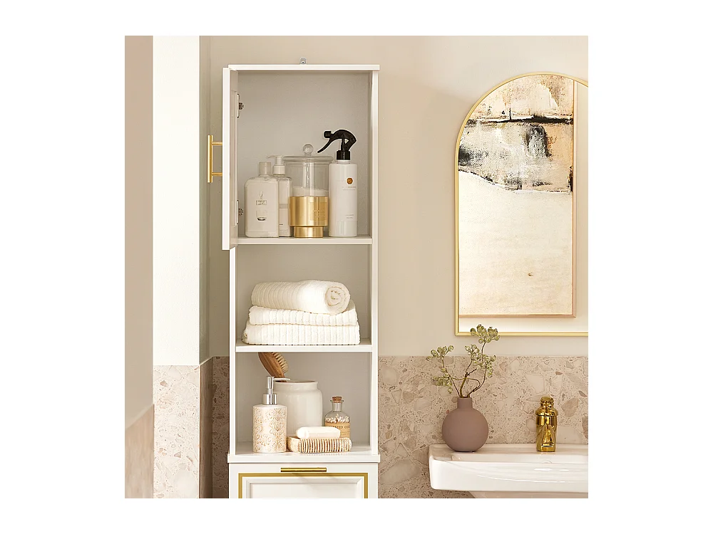 SoBuy BZR87-W Meuble Colonne de Salle de Bain Armoire Haute Étagère étroite avec 2 Portes, 2 Compartiments et 1 Panier à Linge