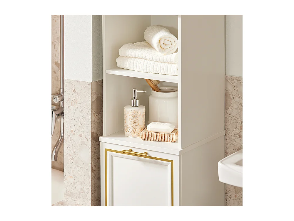 SoBuy BZR87-W Meuble Colonne de Salle de Bain Armoire Haute Étagère étroite avec 2 Portes, 2 Compartiments et 1 Panier à Linge