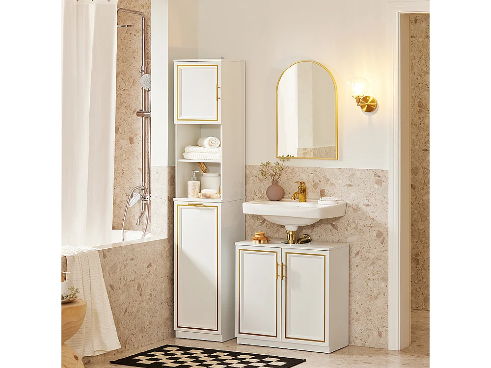 SoBuy BZR87-W Meuble Colonne de Salle de Bain Armoire Haute Étagère étroite avec 2 Portes, 2 Compartiments et 1 Panier à Linge