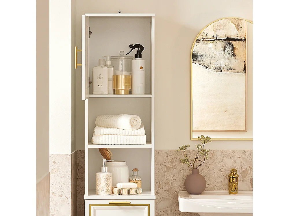 SoBuy BZR87-W Meuble Colonne de Salle de Bain Armoire Haute Étagère étroite avec 2 Portes, 2 Compartiments et 1 Panier à Linge