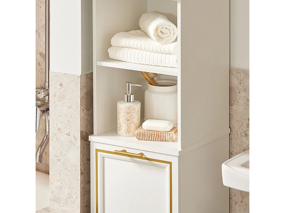 SoBuy BZR87-W Meuble Colonne de Salle de Bain Armoire Haute Étagère étroite avec 2 Portes, 2 Compartiments et 1 Panier à Linge