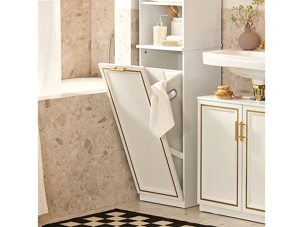 SoBuy BZR87-W Meuble Colonne de Salle de Bain Armoire Haute Étagère étroite avec 2 Portes, 2 Compartiments et 1 Panier à Linge