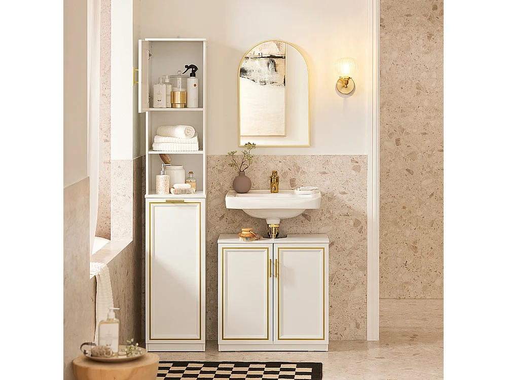 SoBuy BZR87-W Meuble Colonne de Salle de Bain Armoire Haute Étagère étroite avec 2 Portes, 2 Compartiments et 1 Panier à Linge
