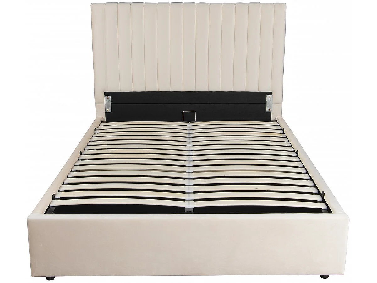 Cama de Armazenamento em Veludo Moderna "Mia" - Bege 160 x 200 cm - Cabeceira Estofada - Armazenamento Integrado