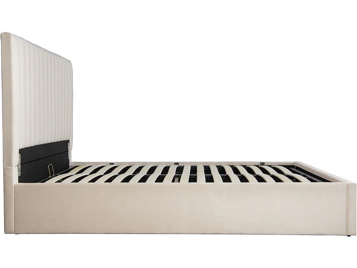 Cama de Armazenamento em Veludo Moderna "Mia" - Bege 160 x 200 cm - Cabeceira Estofada - Armazenamento Integrado