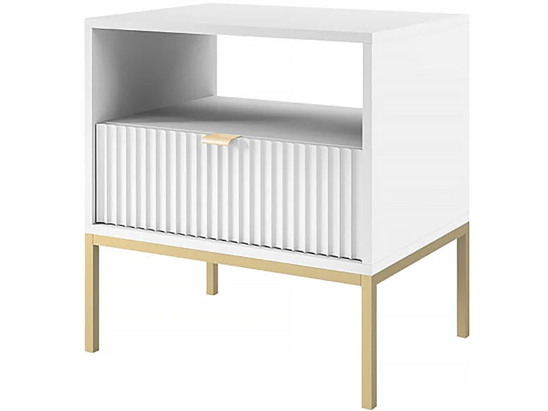 Mesa de cabeceira de madeira "Tunis" branca com gaveta e pés dourados - 54 x 56 x 39 cm