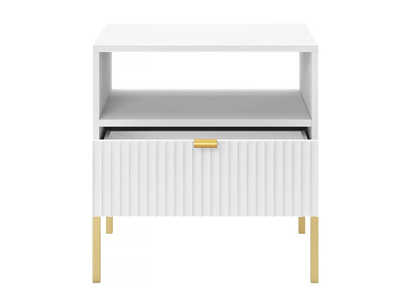 Mesa de cabeceira de madeira "Tunis" branca com gaveta e pés dourados - 54 x 56 x 39 cm