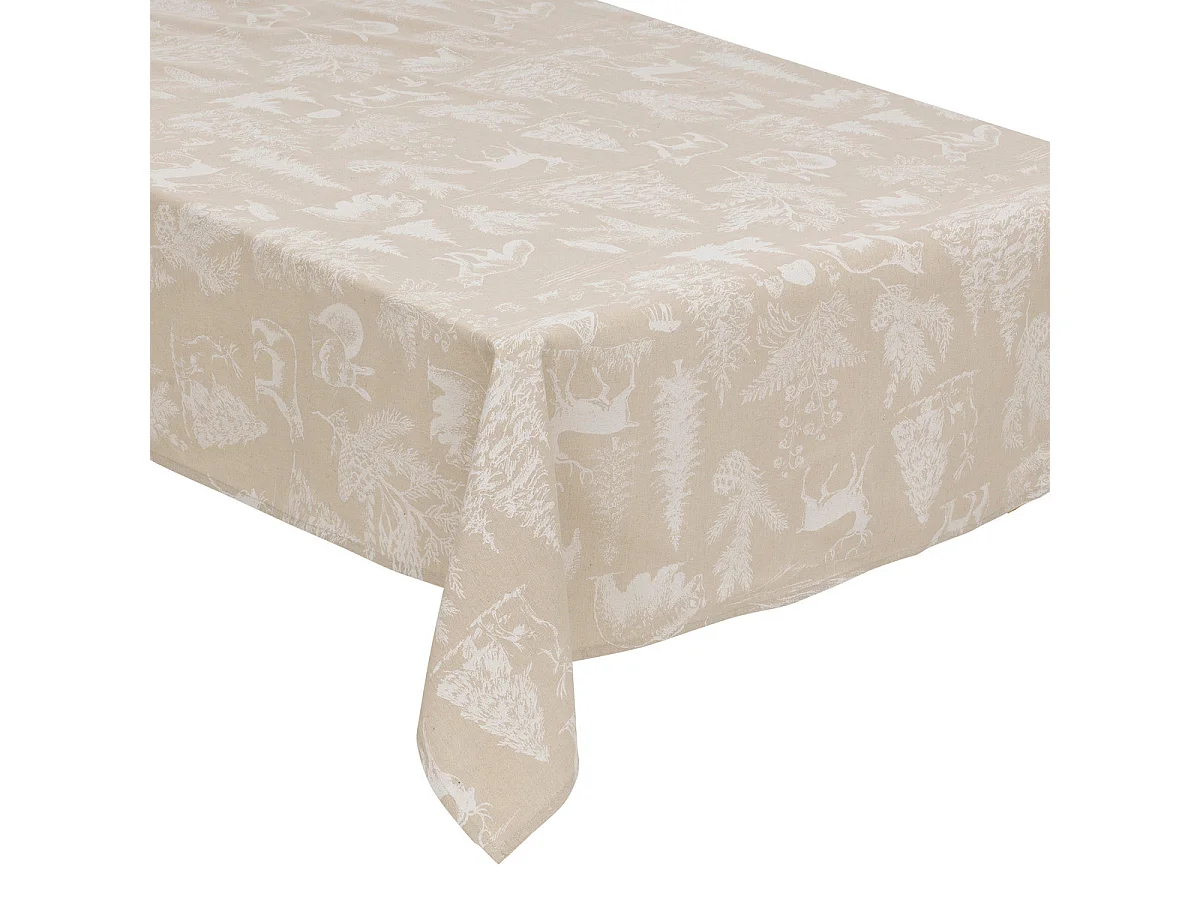 Nappe en Polycoton Beige aspect Jute Imprimé Animaux blanc 140 x 240 cm
