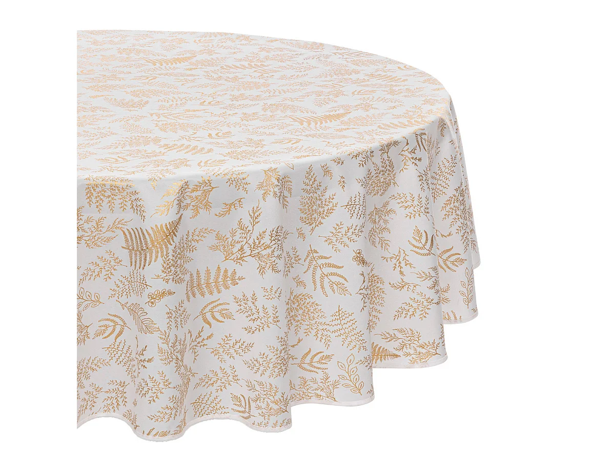 Nappe ronde anti-taches Blanche imprimé Feuillage doré D 180 cm
