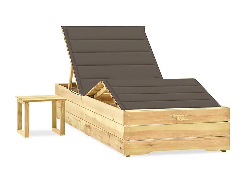 Tumbona tumbona para tomar el sol cama de jardín terraza muebles de exterior 198 cm con mesa y cojín de pino impregnado 02_0012687