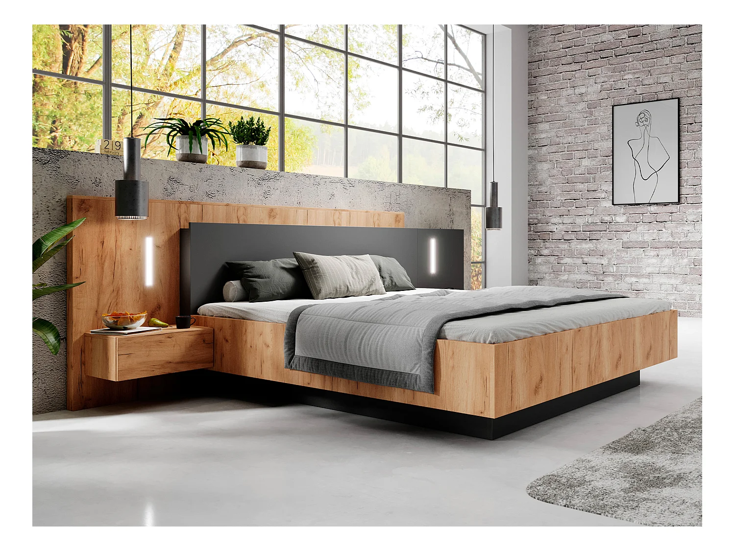 Lit coffre avec chevets 160 x 200 cm - 2 tiroirs - Avec LEDs - Coloris : Naturel et anthracite + Matelas - FRANCOLI