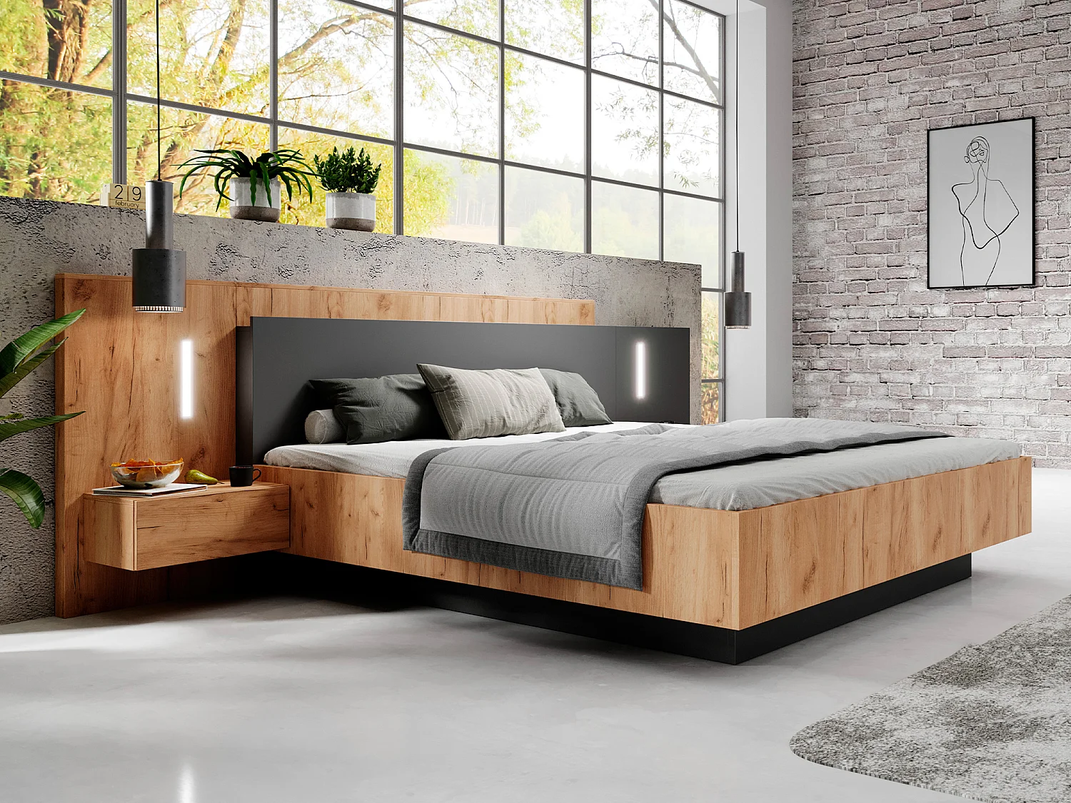 Bett mit Bettkasten mit Nachttischen + Matratze - 160 x 200 cm - 2 Schubladen + LEDs - Holzfarben & Anthrazit - FRANCOLI