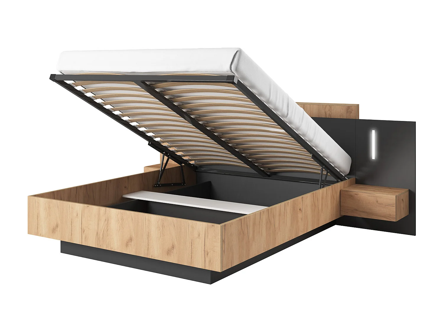 Bett mit Bettkasten mit Nachttischen + Matratze - 160 x 200 cm - 2 Schubladen + LEDs - Holzfarben & Anthrazit - FRANCOLI