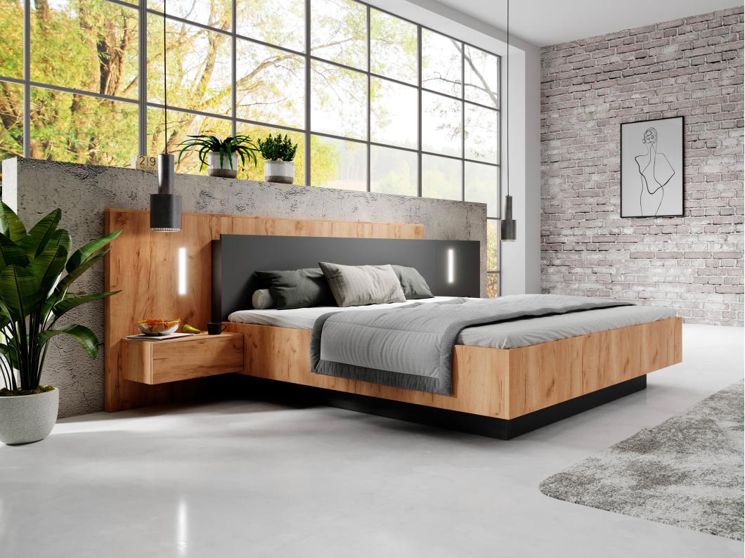 Lit coffre avec chevets 160 x 200 cm - 2 tiroirs - Avec LEDs - Coloris : Naturel et anthracite + Matelas - FRANCOLI