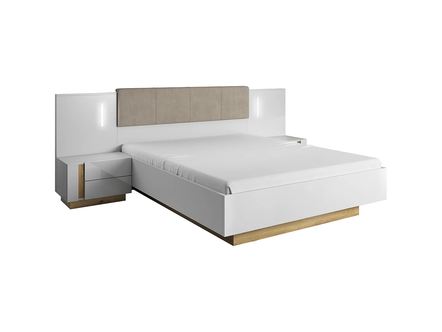 Lit coffre avec chevets 160 x 200 cm - Avec LEDs - Blanc et naturel - MURARI