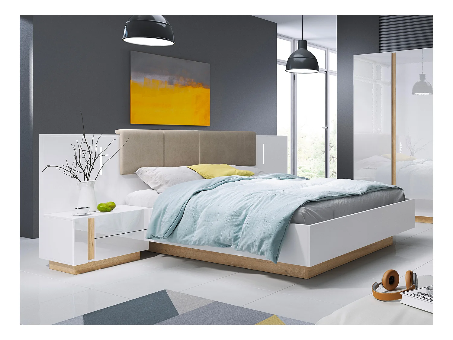 Lit coffre avec chevets 160 x 200 cm - Avec LEDs - Blanc et naturel - MURARI