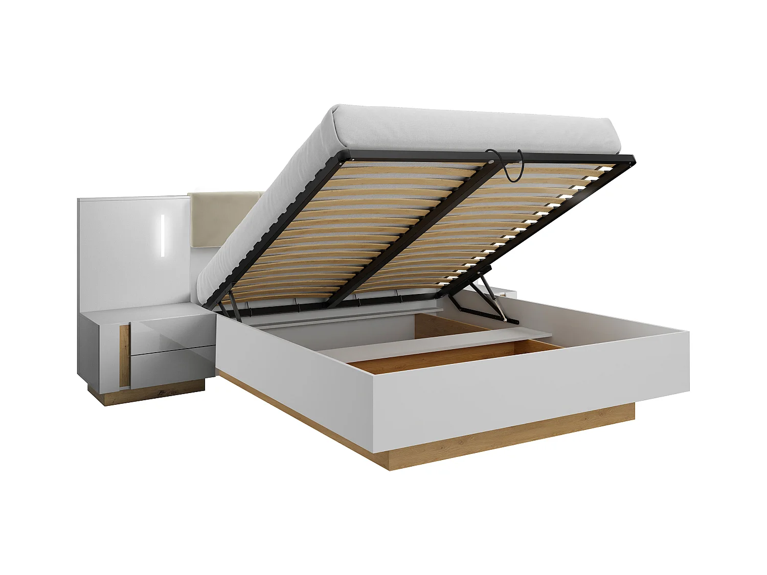 Lit coffre avec chevets 160 x 200 cm - Avec LEDs - Blanc et naturel - MURARI