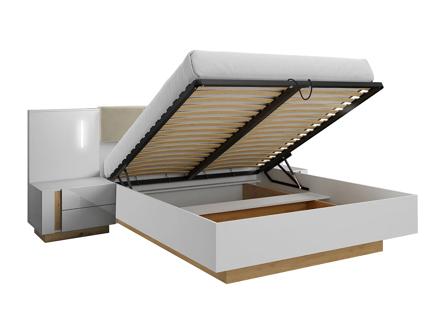 Lit coffre avec chevets 160 x 200 cm - Avec LEDs - Blanc et naturel - MURARI