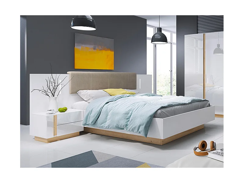 Lit coffre avec chevets 160 x 200 cm - Avec LEDs - Blanc et naturel + Matelas - MURARI