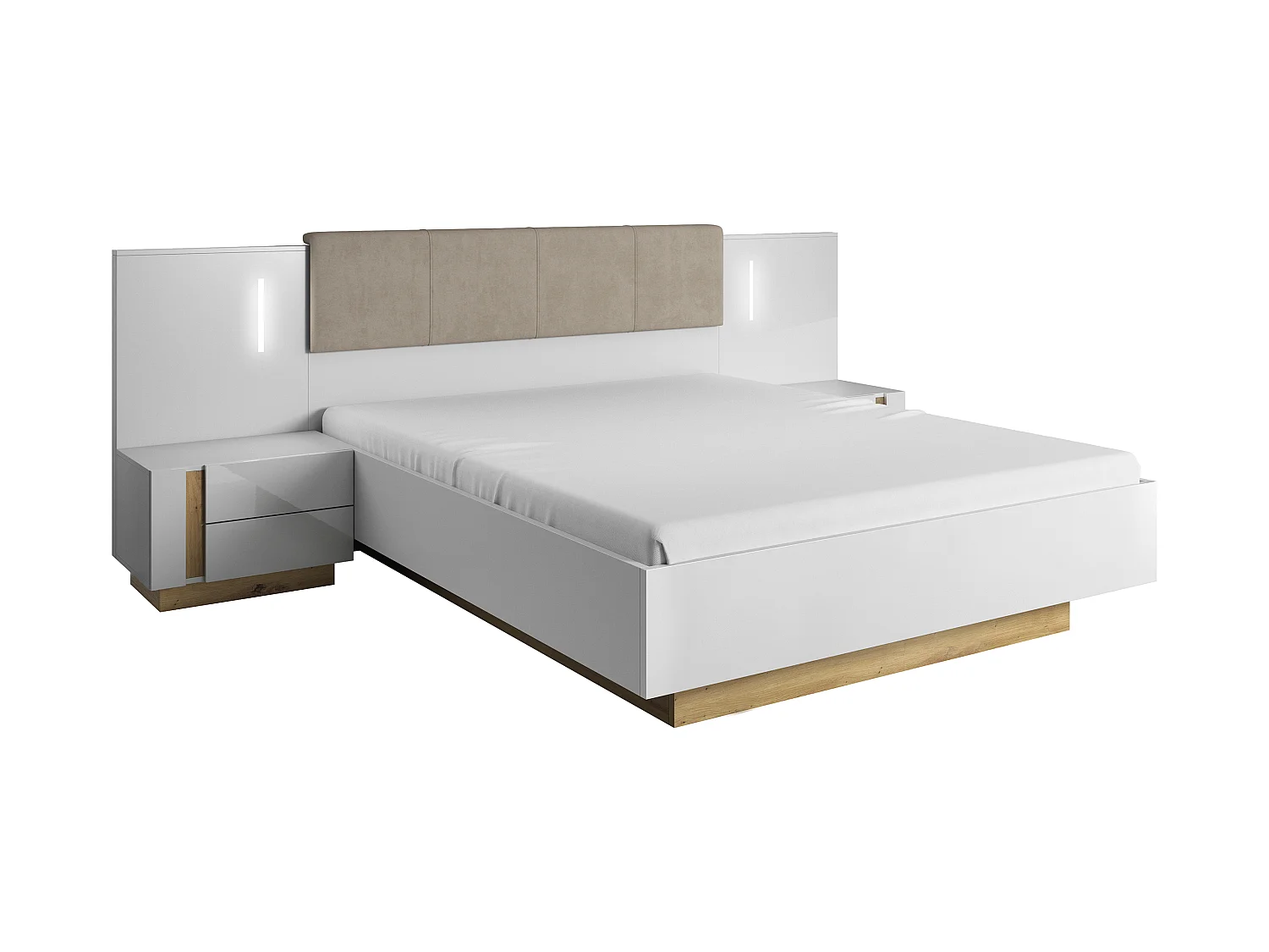 Lit coffre avec chevets 160 x 200 cm - Avec LEDs - Blanc et naturel + Matelas - MURARI