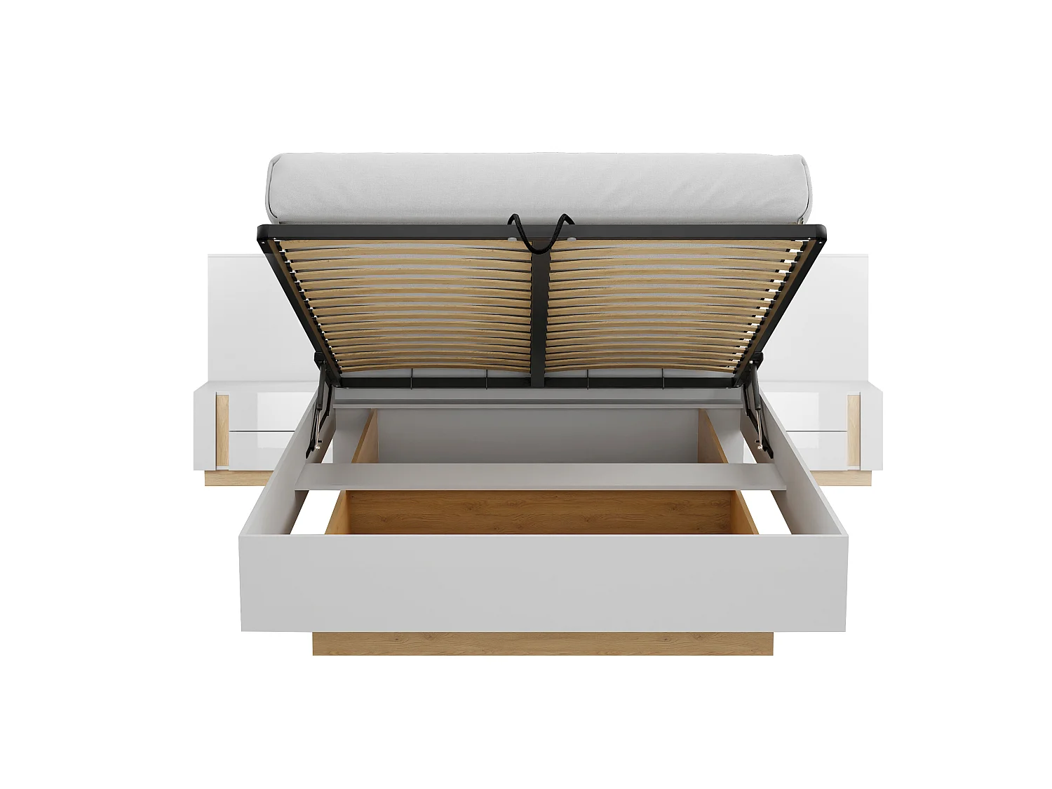 Lit coffre avec chevets 160 x 200 cm - Avec LEDs - Blanc et naturel + Matelas - MURARI
