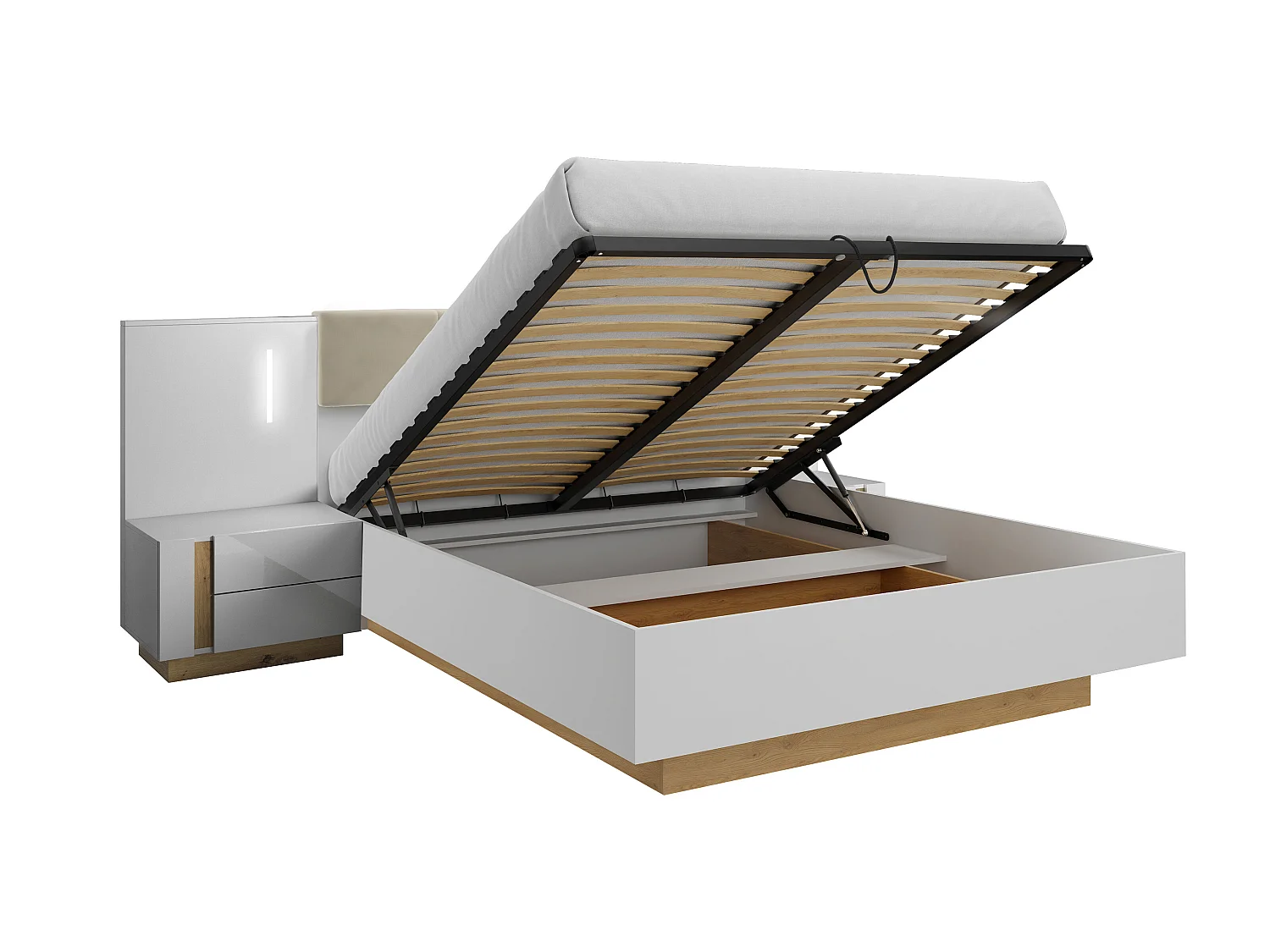 Lit coffre avec chevets 160 x 200 cm - Avec LEDs - Blanc et naturel + Matelas - MURARI