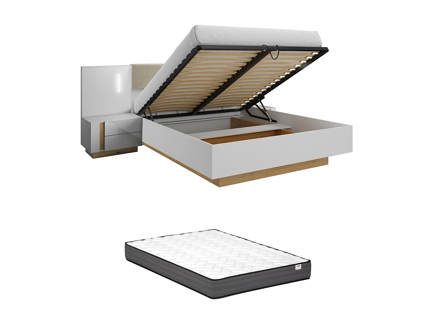 Lit coffre avec chevets 160 x 200 cm - Avec LEDs - Blanc et naturel + Matelas - MURARI