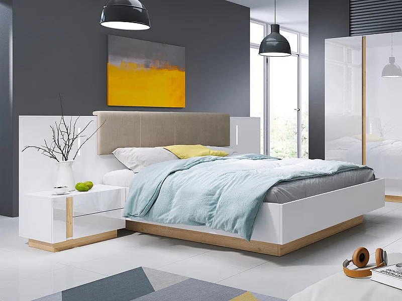 Cama con cajones y mesitas de noche 160 x 200 cm - Con luces LED - Blanco y natural + Colchón - MURARI