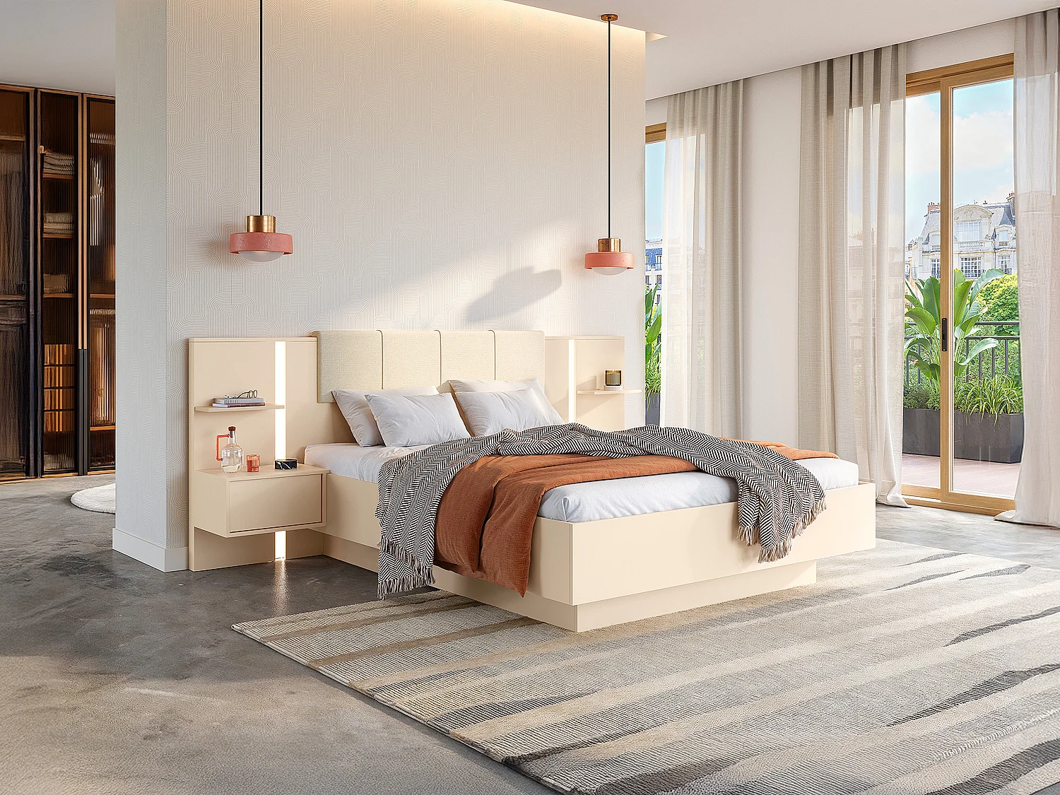 Lit coffre avec chevets 160 x 200 cm - Avec LEDs - Coloris : Beige - ELYNIA