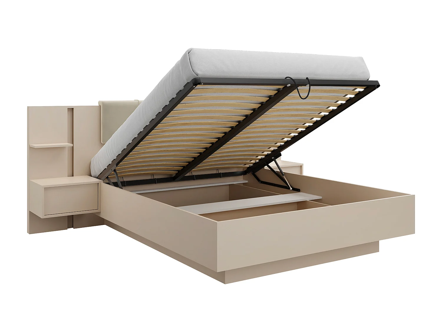 Lit coffre avec chevets 160 x 200 cm - Avec LEDs - Coloris : Beige - ELYNIA