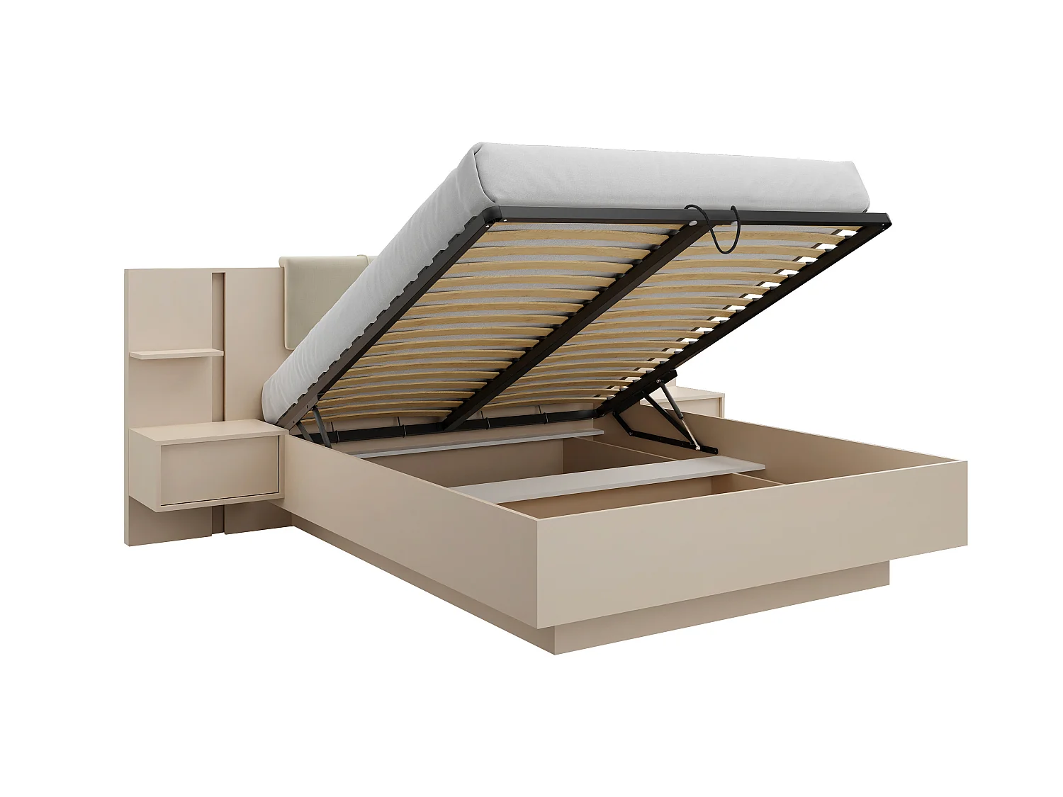 Lit coffre avec chevets 160 x 200 cm - Avec LEDs - Coloris : Beige + Matelas - ELYNIA