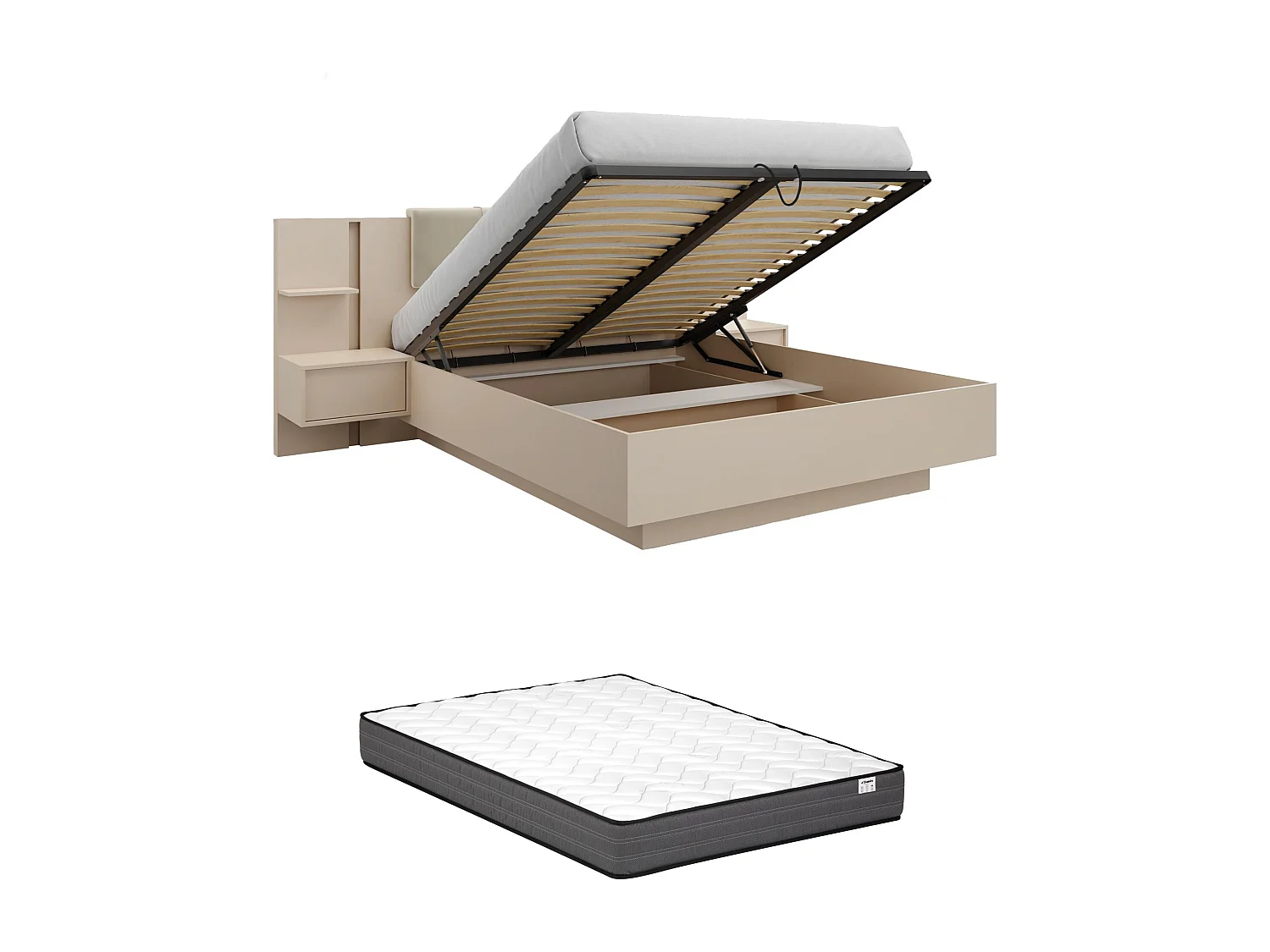 Lit coffre avec chevets 160 x 200 cm - Avec LEDs - Coloris : Beige + Matelas - ELYNIA