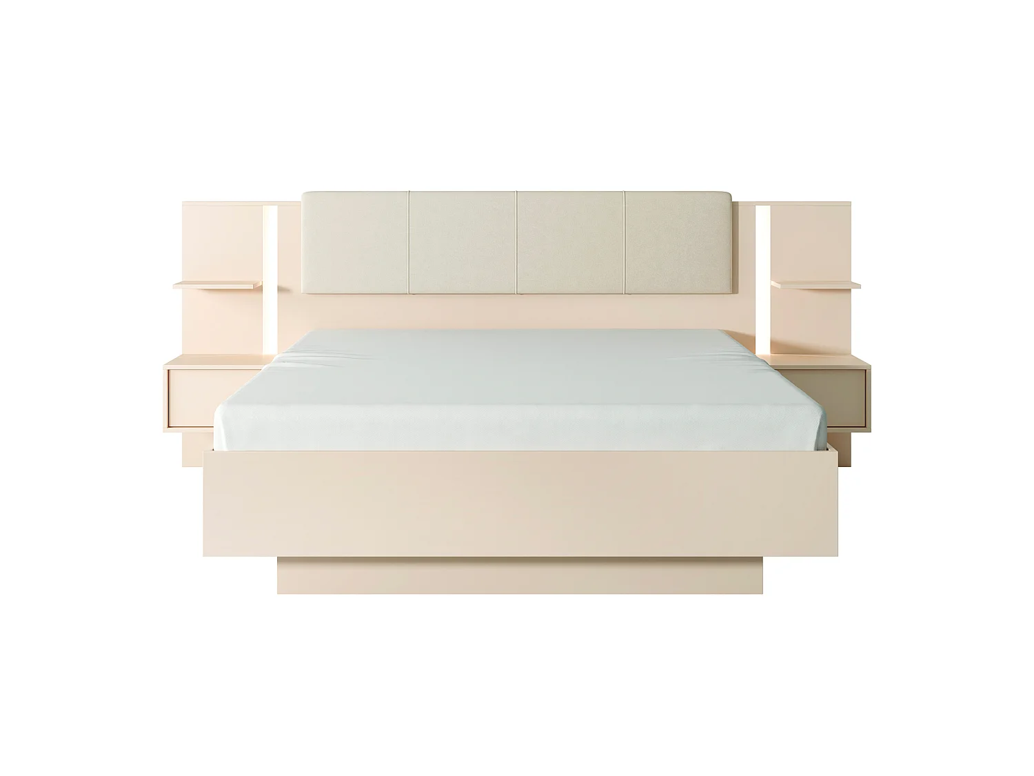 Lit coffre avec chevets 160 x 200 cm - Avec LEDs - Coloris : Beige + Matelas - ELYNIA