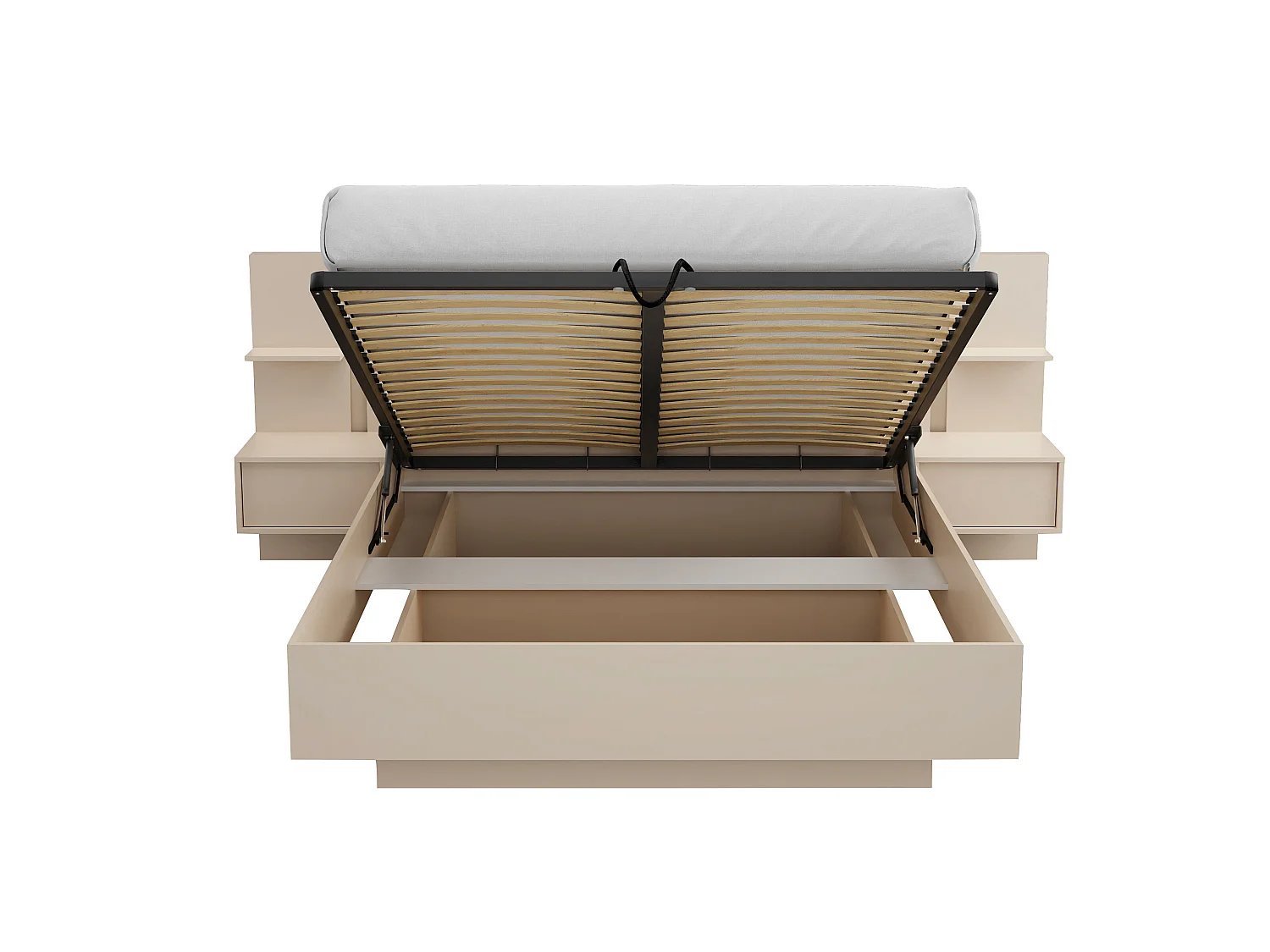 Lit coffre avec chevets 160 x 200 cm - Avec LEDs - Coloris : Beige + Matelas - ELYNIA