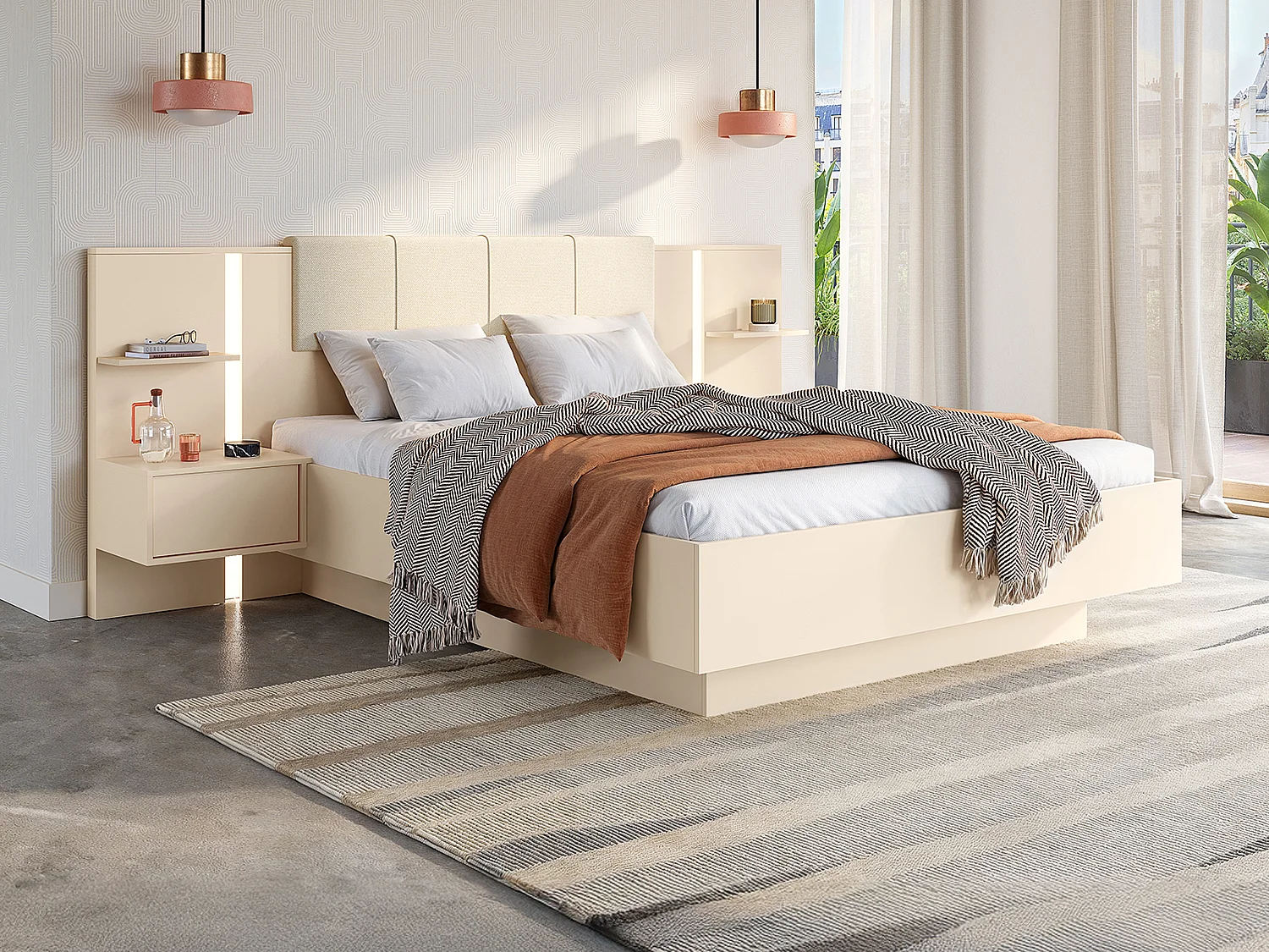 Lit coffre avec chevets 160 x 200 cm - Avec LEDs - Coloris : Beige + Matelas - ELYNIA