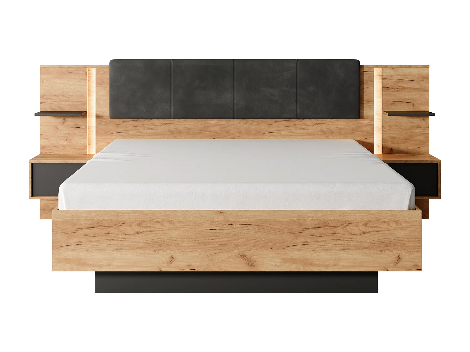 Bett mit Bettkasten mit Nachttischen - 160 x 200 cm - Mit LED-Beleuchtung - Holzfarben & Anthrazit - ELYNIA