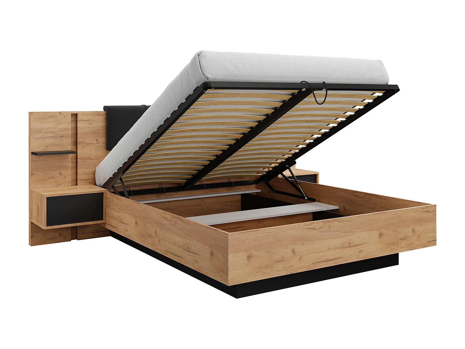 Bett mit Bettkasten mit Nachttischen - 160 x 200 cm - Mit LED-Beleuchtung - Holzfarben & Anthrazit - ELYNIA