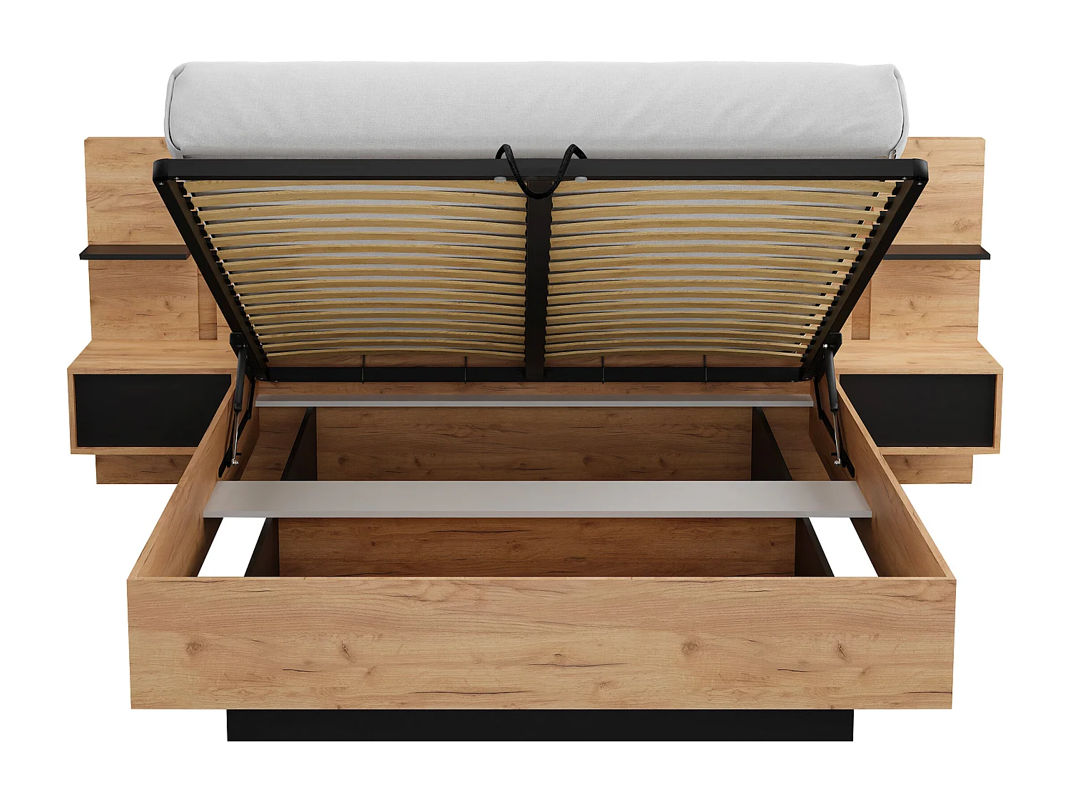 Bett mit Bettkasten mit Nachttischen - 160 x 200 cm - Mit LED-Beleuchtung - Holzfarben & Anthrazit - ELYNIA