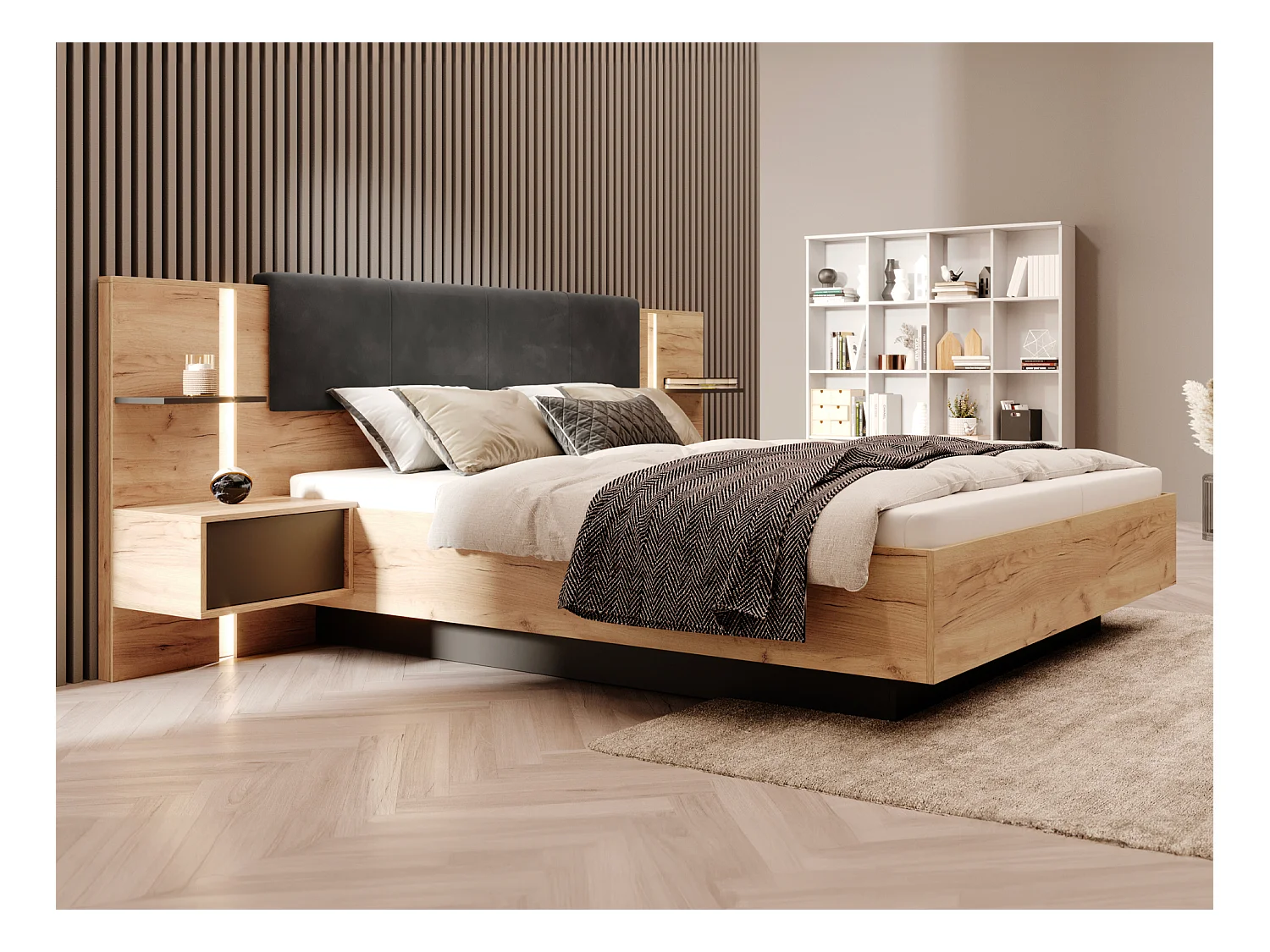 Lit coffre avec chevets 160 x 200 cm - Avec LEDs - Coloris : Naturel et anthracite - ELYNIA