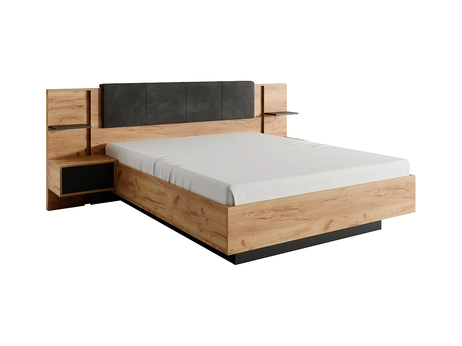 Cama con baúl y mesas de noche 160 x 200 cm - Con LEDS - Color: Natural y antracita - ELYNIA