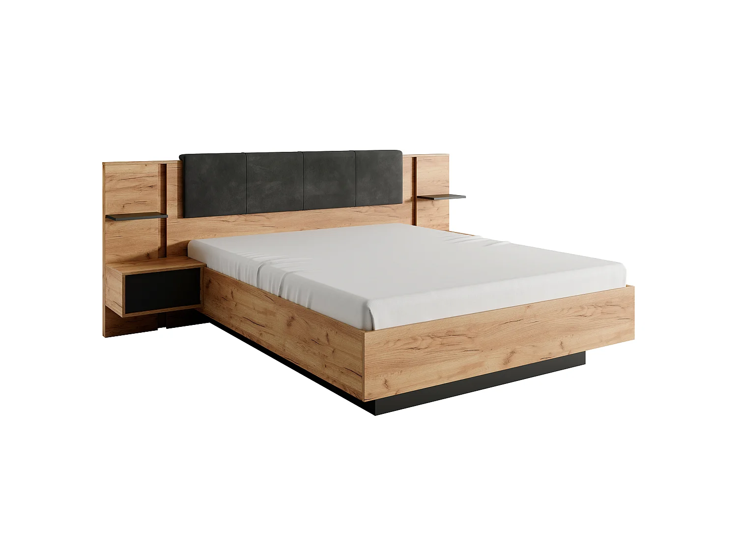 Lit coffre avec chevets 160 x 200 cm - Avec LEDs - Coloris : Naturel et anthracite + Matelas - ELYNIA