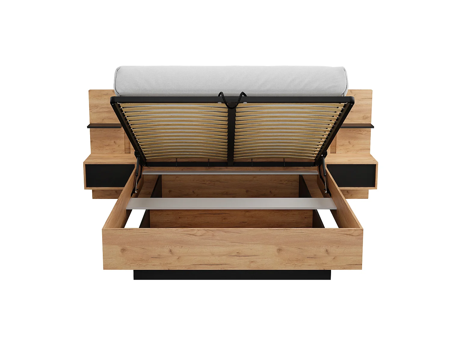 Lit coffre avec chevets 160 x 200 cm - Avec LEDs - Coloris : Naturel et anthracite + Matelas - ELYNIA