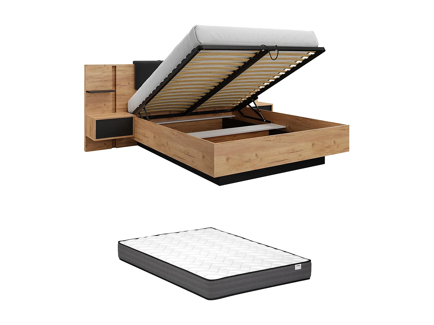 Lit coffre avec chevets 160 x 200 cm - Avec LEDs - Coloris : Naturel et anthracite + Matelas - ELYNIA