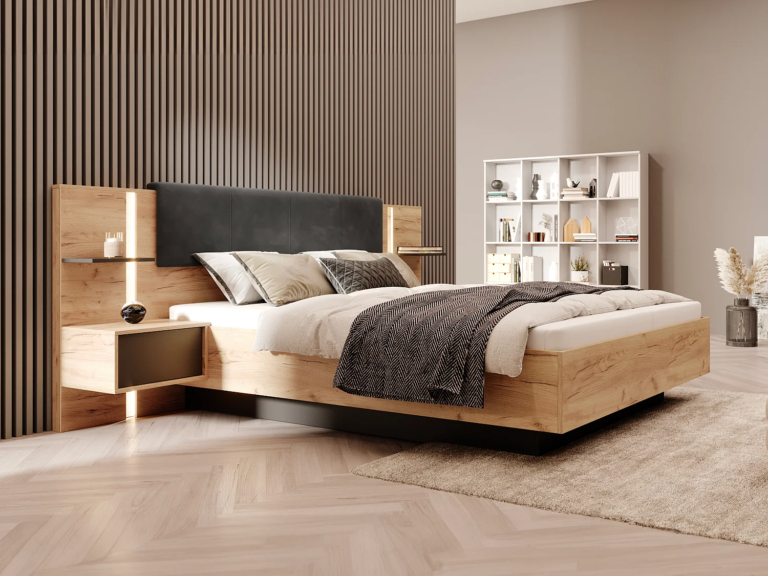 Lit coffre avec chevets 160 x 200 cm - Avec LEDs - Coloris : Naturel et anthracite + Matelas - ELYNIA