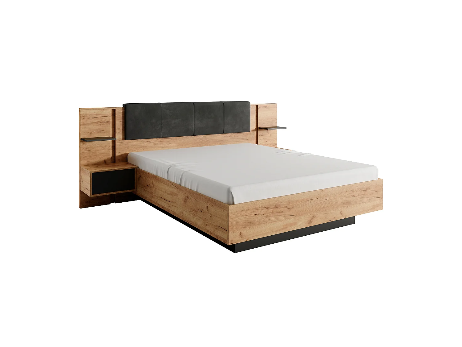 Bett mit Bettkasten mit Nachttischen + Matratze - 160 x 200 cm - Mit LED-Beleuchtung - Holzfarben & Anthrazit - ELYNIA