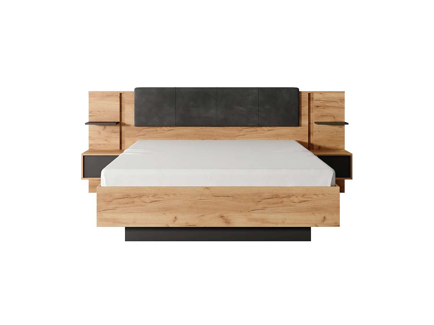 Bett mit Bettkasten mit Nachttischen + Matratze - 160 x 200 cm - Mit LED-Beleuchtung - Holzfarben & Anthrazit - ELYNIA