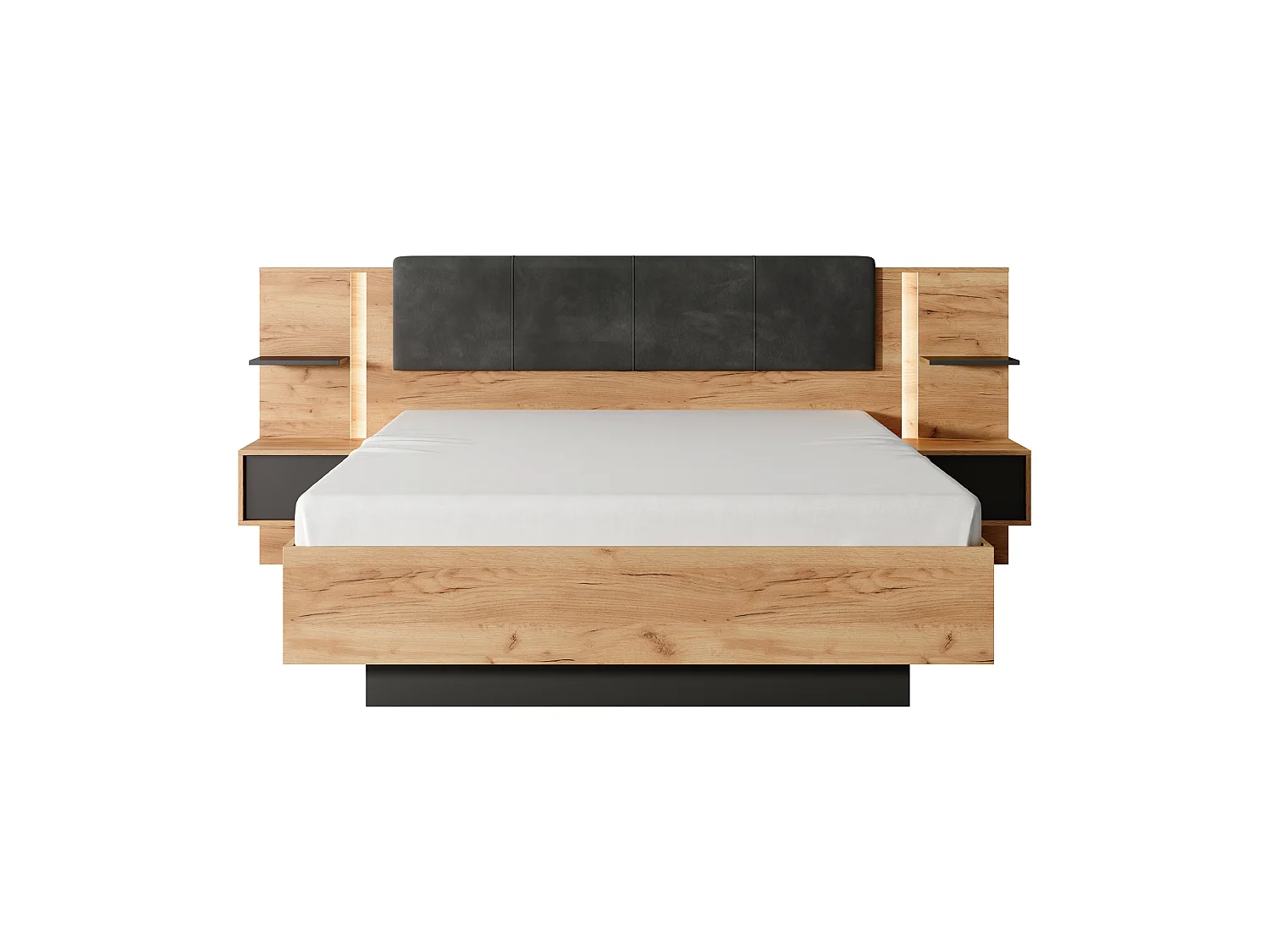 Bett mit Bettkasten mit Nachttischen + Matratze - 160 x 200 cm - Mit LED-Beleuchtung - Holzfarben & Anthrazit - ELYNIA