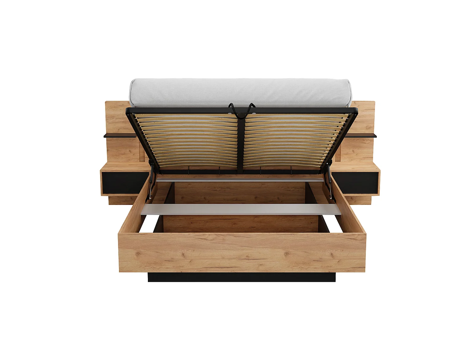 Bett mit Bettkasten mit Nachttischen + Matratze - 160 x 200 cm - Mit LED-Beleuchtung - Holzfarben & Anthrazit - ELYNIA